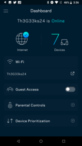 Home page dell'app Linksys