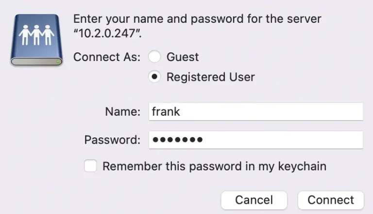 saisie d'un nom d'utilisateur et d'un mot de passe pour se connecter au partage.