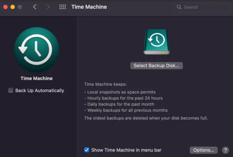 selecionar o disco de cópia de segurança no Time Machine.